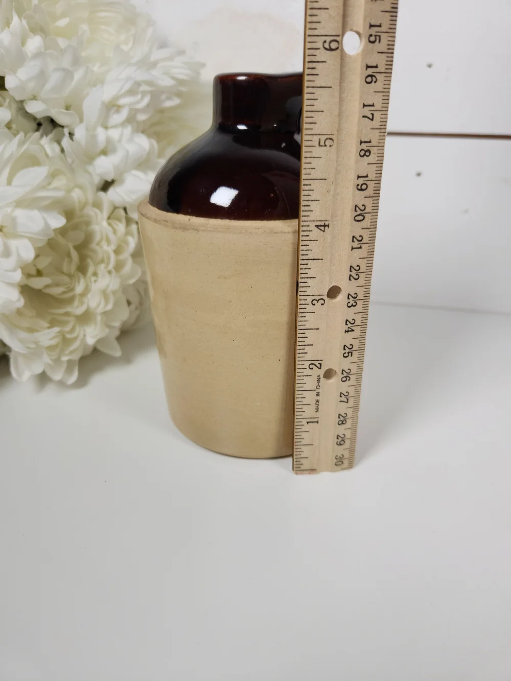 Small Vintage Brown & Beige Stoneware Pottery Jug | Rustic Farmhouse Decor